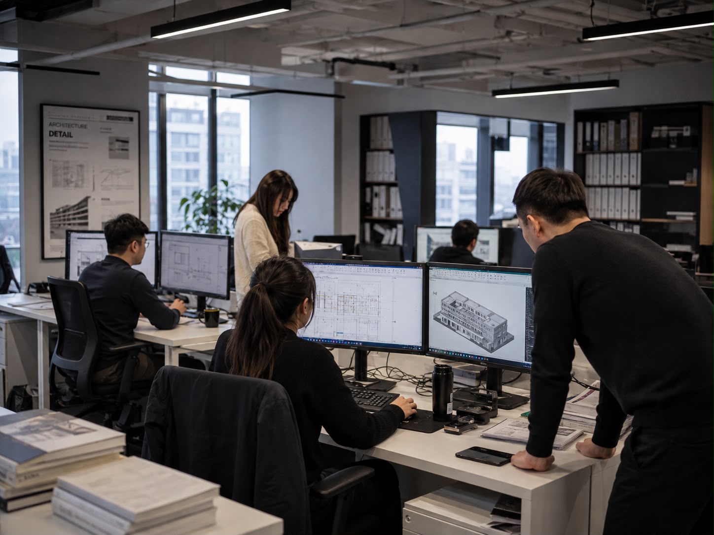 Project manager reviewing BIM coordination on dual monitor workstation