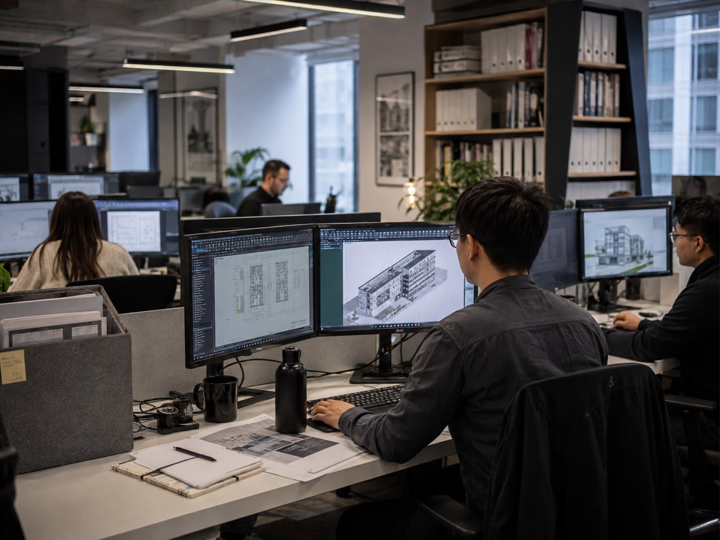Triscope team collaborating at workstations with BIM software on screen