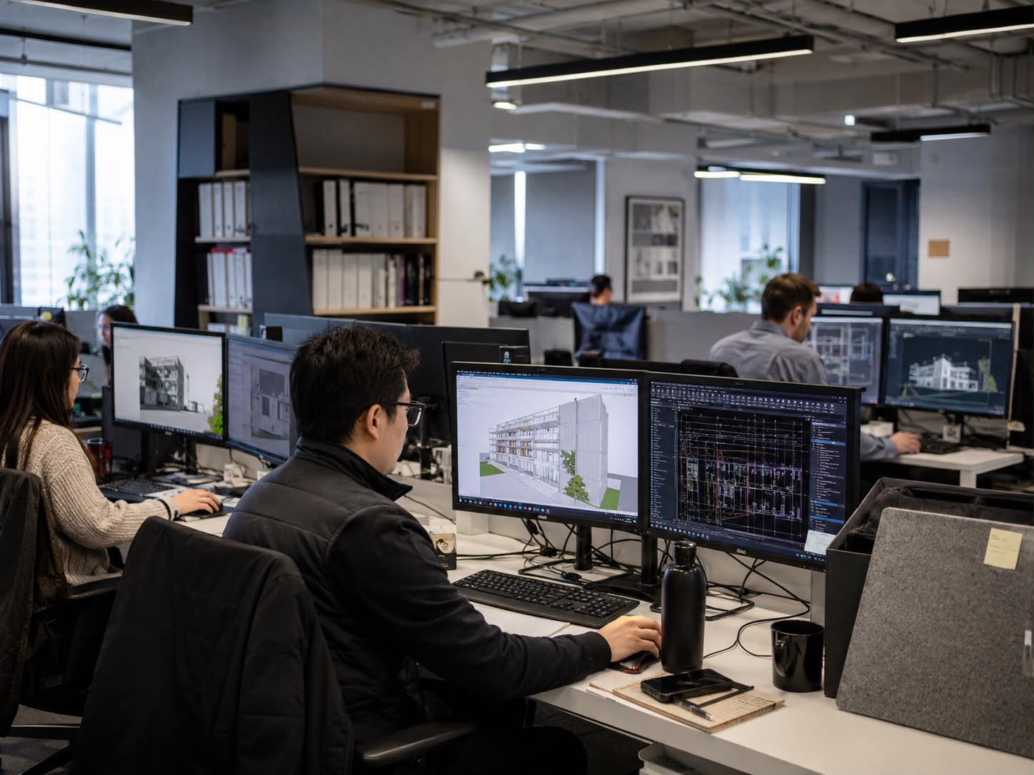 Firm principal reviewing project plans at workstation