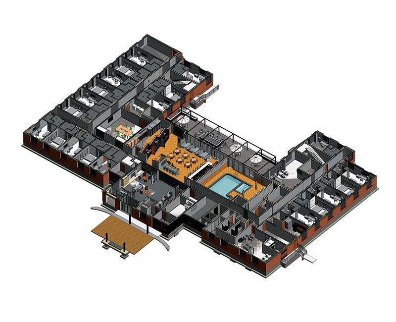 Building section showing floor-to-floor heights and structural framing