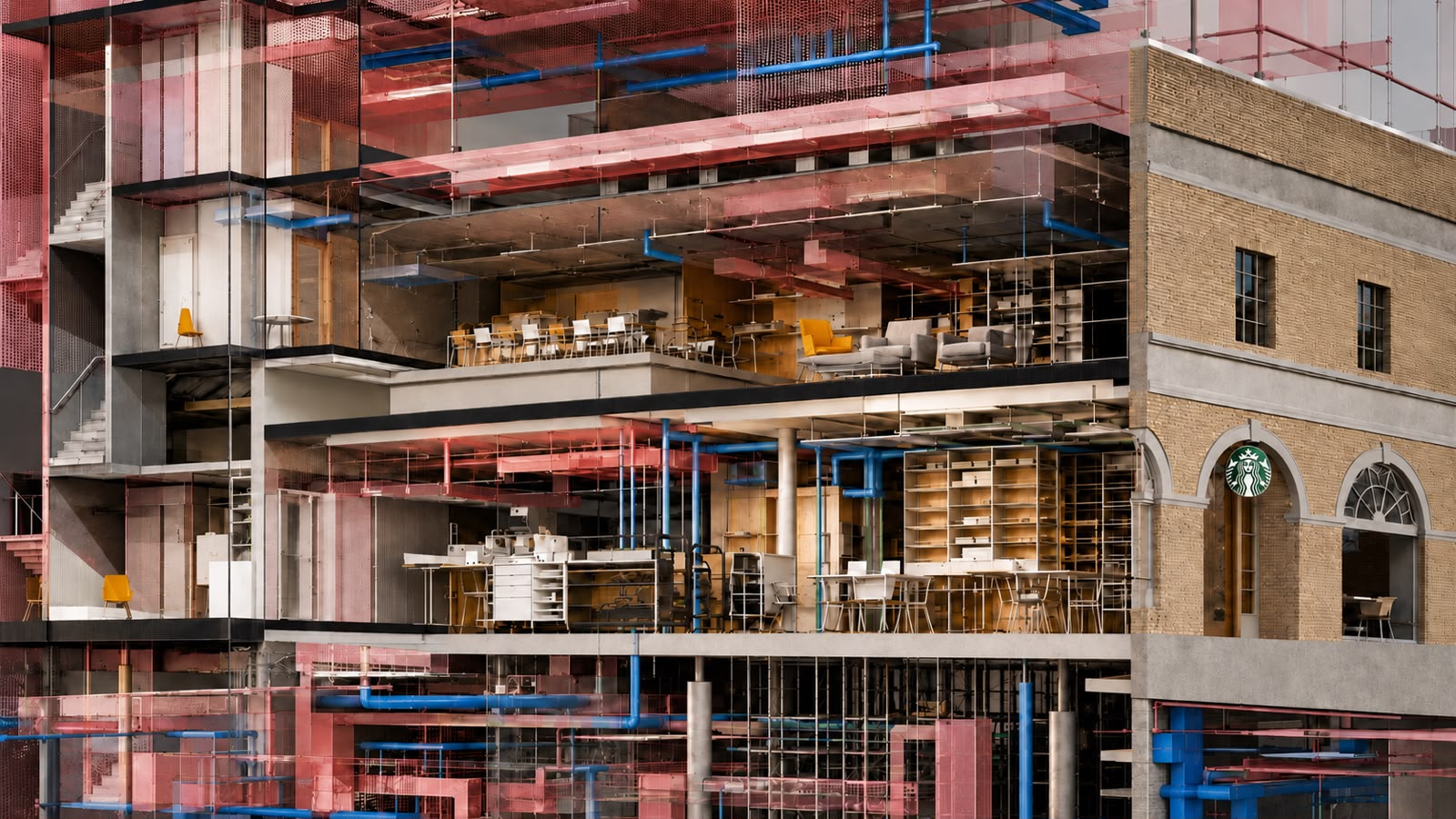 Cutaway BIM model showing structural, MEP and interior layers of a mixed-use building